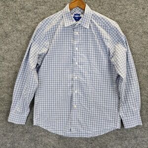 Egara Shirt Mens Large Blue White Plaid Long Sleeve Flip Cuff Button Up Cotton